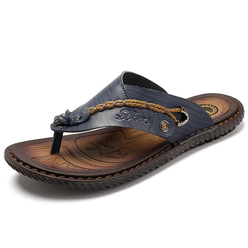 Men's black casual slippers with a non-slip sole and PU leather upper on a plain background.