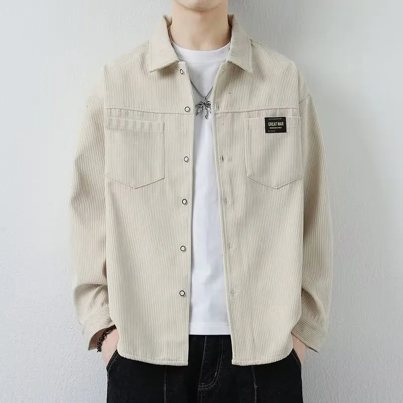 Men's corduroy cardigan style jacket in black, dark grey, khaki, or orange, with long sleeves and ribbed texture.