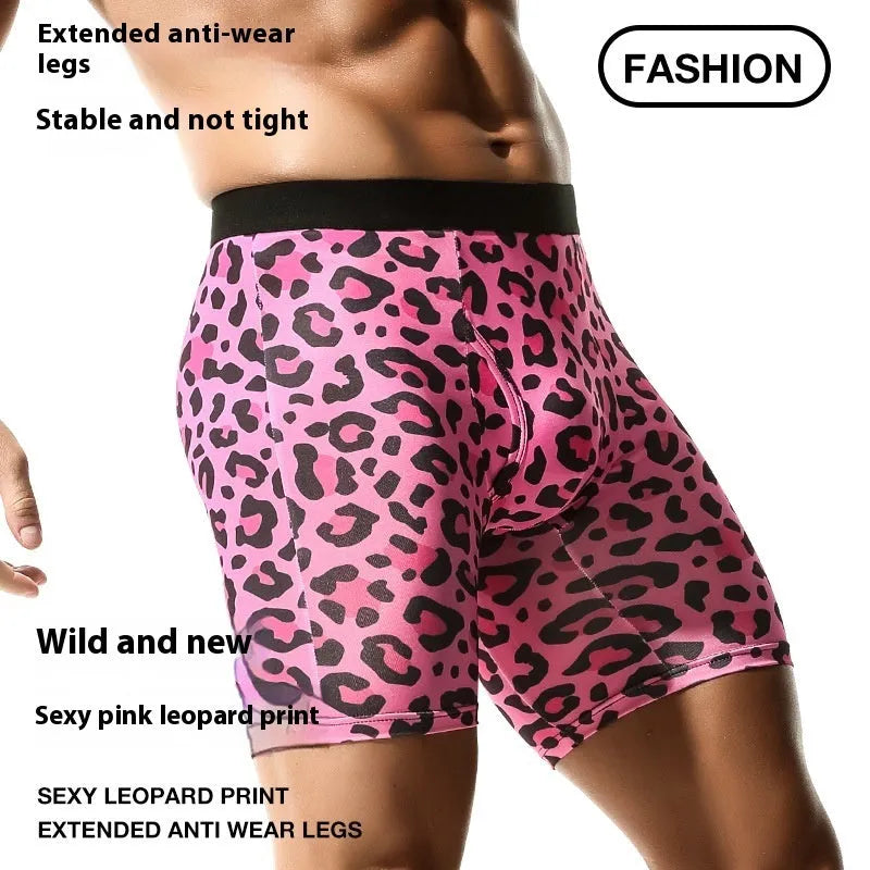 Men's wild leopard pattern printed underwear shorts in pink leopard print design with low waist cut