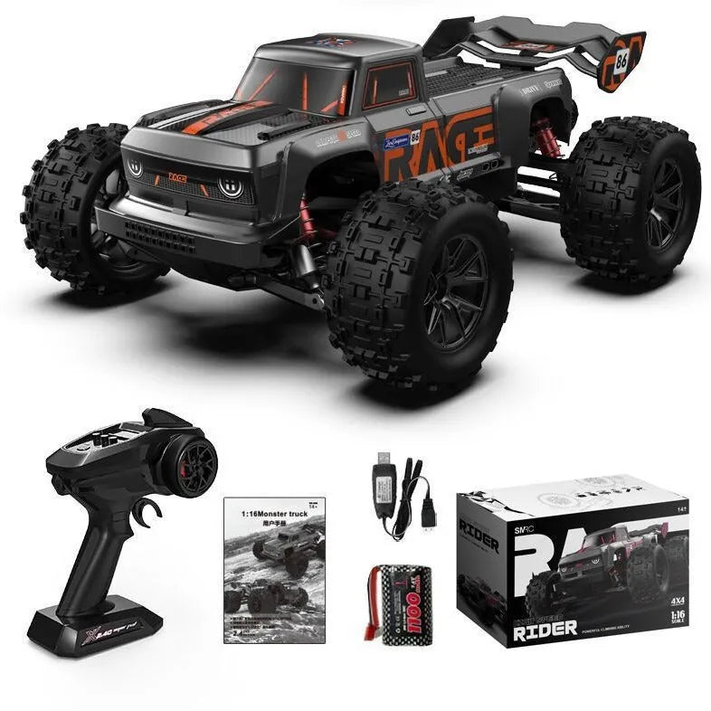1:16 scale four-wheel drive brushless remote control car toy with metal construction and LED front lights