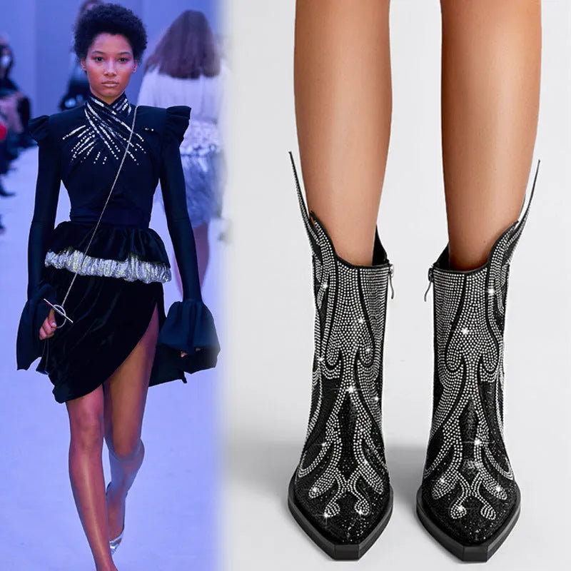 Women's black square toe Martin boots with chunky high heel and rhinestone flame design on the side.
