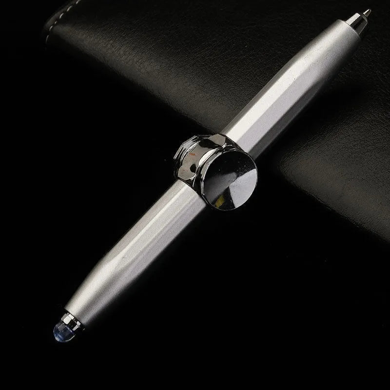 Metal gyro ballpoint pen with LED spinner at base, showing 10.5cm length and available ink colour options.