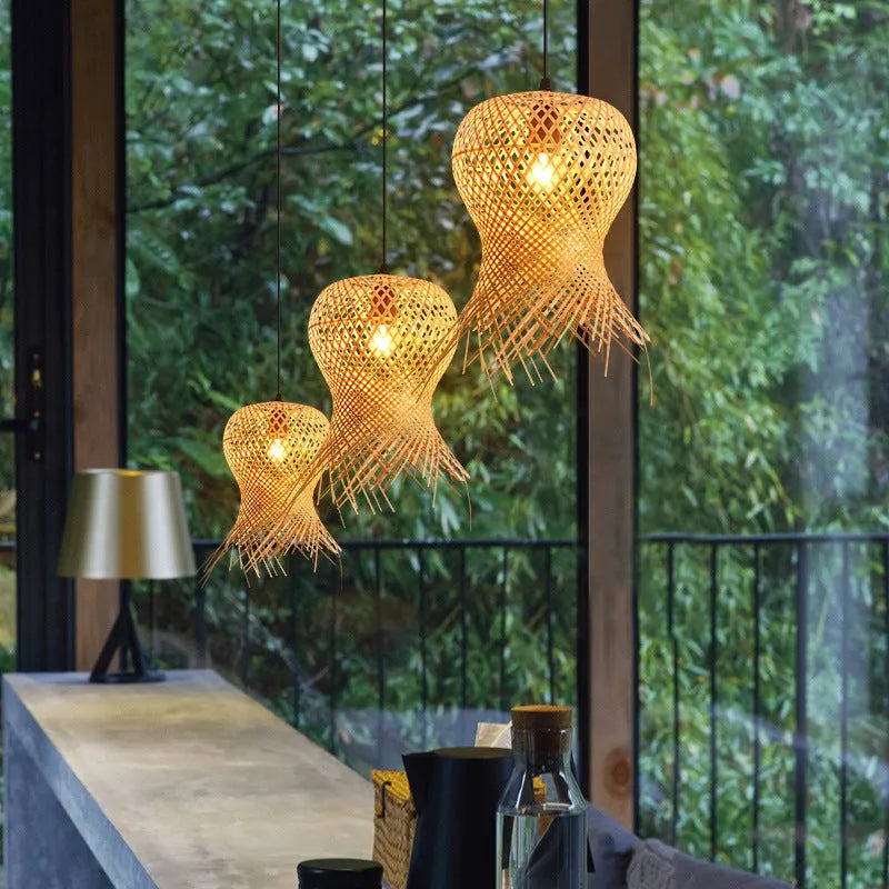 Bamboo woven chandelier with wood art frame new Chinese style ceiling lamp