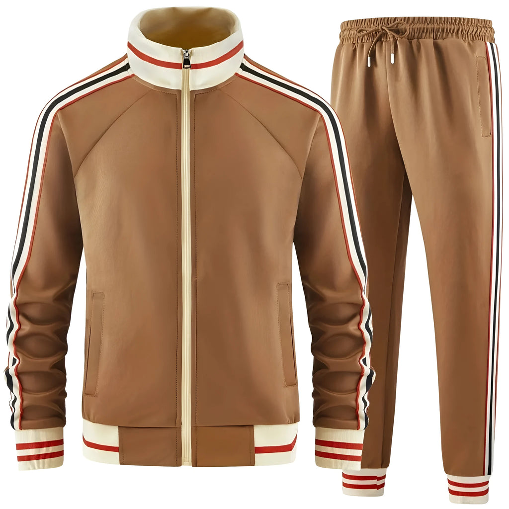 Khaki coloured turtleneck zipper cardigan with matching trousers street style suit on a mannequin