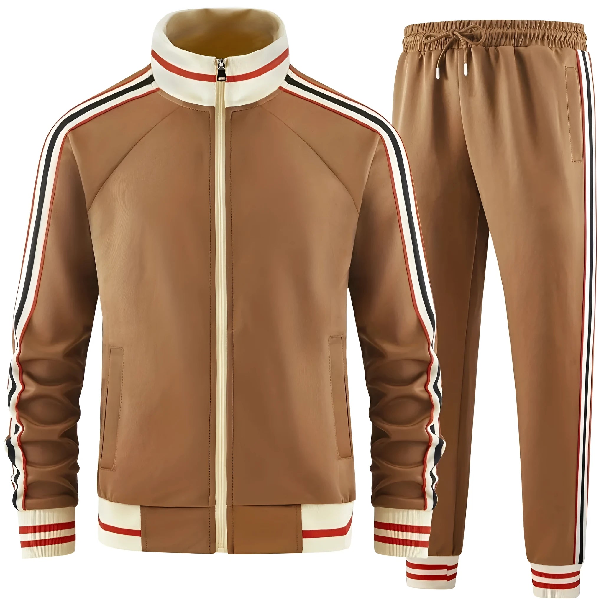 Khaki coloured turtleneck zipper cardigan with matching trousers street style suit on a mannequin