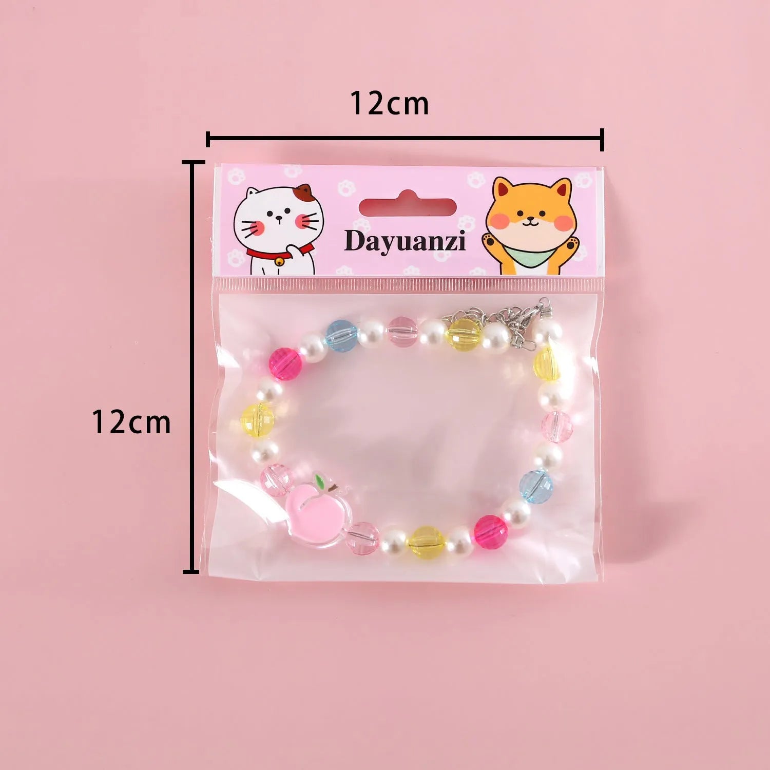 Colourful plastic bead pet necklace for a cat, showing rainbow, peach, and small flower pattern options.