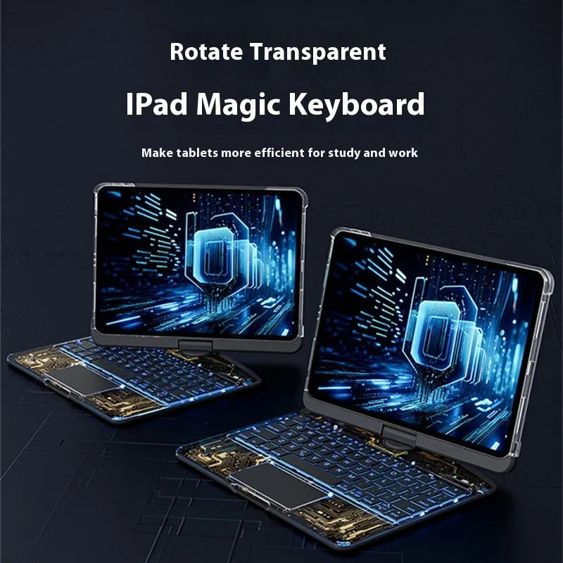 360 swivel iPad keyboard case with transparent backplate and telescopic pen slot in black colour option