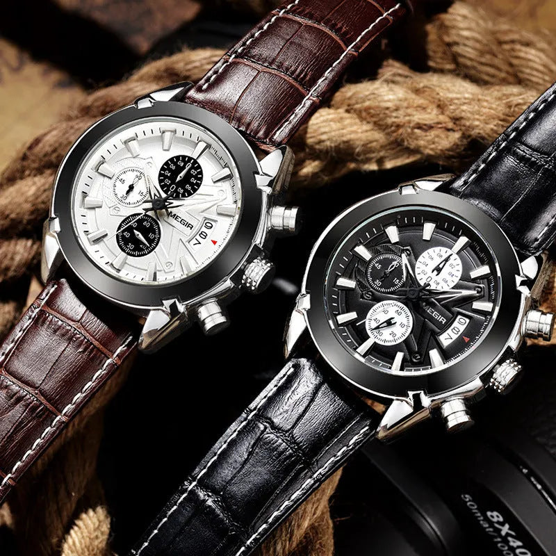Men's casual quartz watch with three sub-dials six hands waterproof luminous 15mm brown white dial