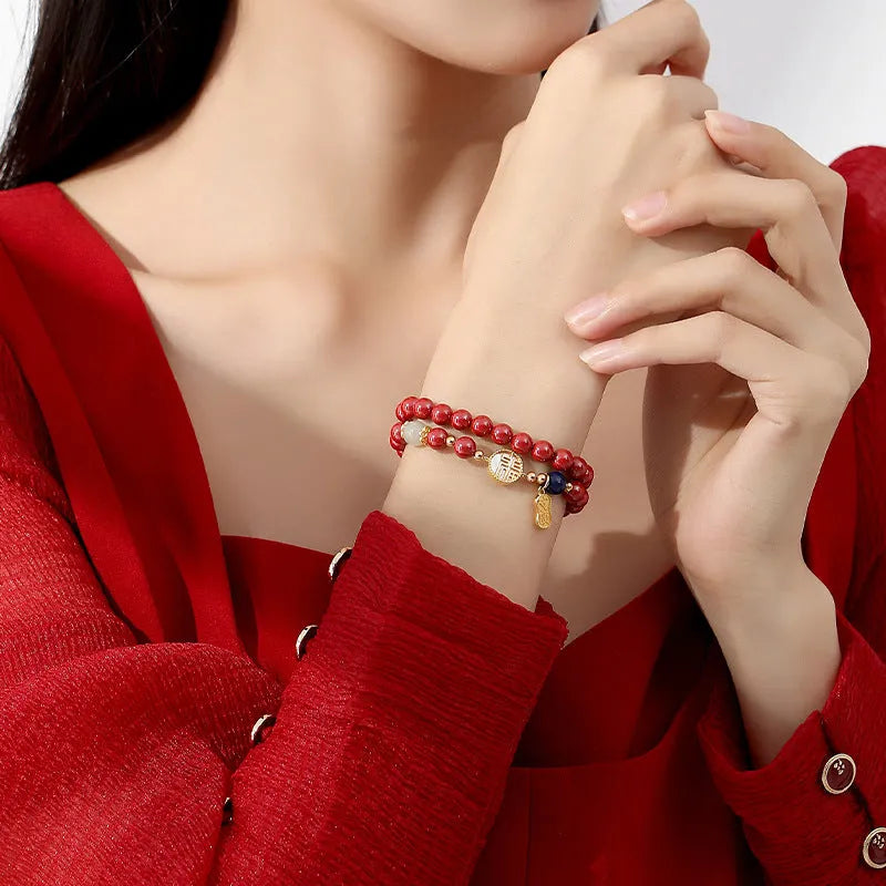 Women's S925 sterling silver bracelet with cinnabar blessing card pendant and purple gold sandstone accents