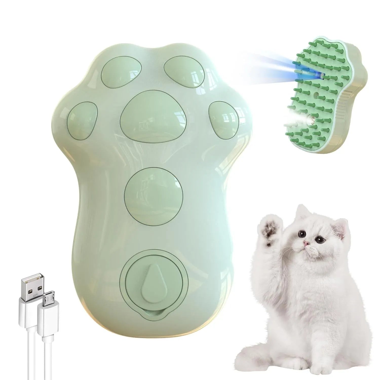 Blue self-cleaning cat steam brush with silicone bristles and spray nozzle