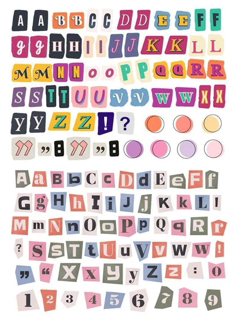 Set of cute style decorative stickers showing English letters, numbers, symbols, and weekly words.
