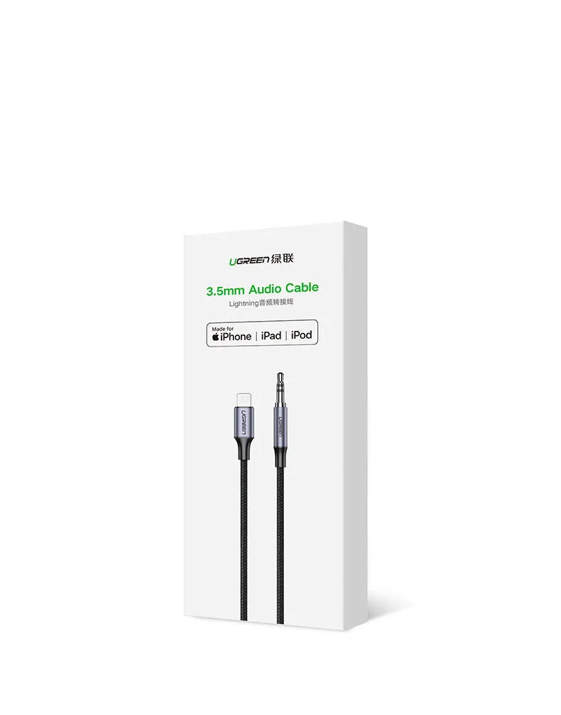 Black Apple Lightning to 3.5mm audio adapter cable with braided fabric and aluminum connector shell.