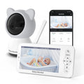 Baby monitor with 5-inch screen showing camera view, 720P resolution, pan tilt mechanism