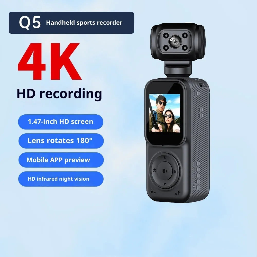Q5 black handheld 4K camera with 140 degree wide angle and 1.5 inch LCD screen for outdoor sports riding recording