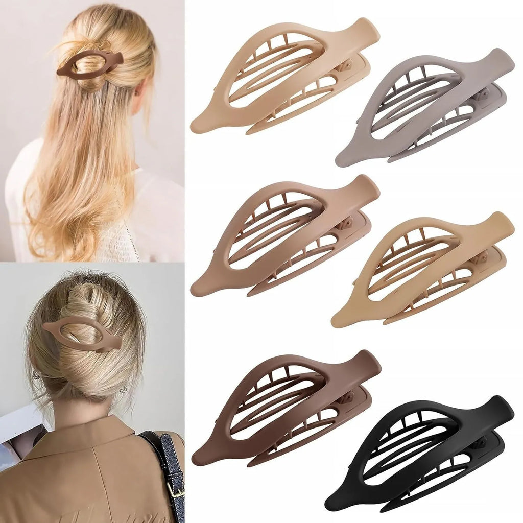Six nude-coloured plastic hair clips with frosted grip and pointed toe design arranged on white background