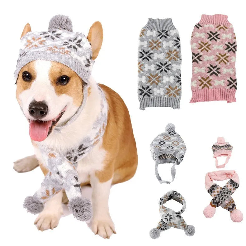 Japanese retro jacquard pet clothing set with sweater, hat, and scarf in grey and pink colour options