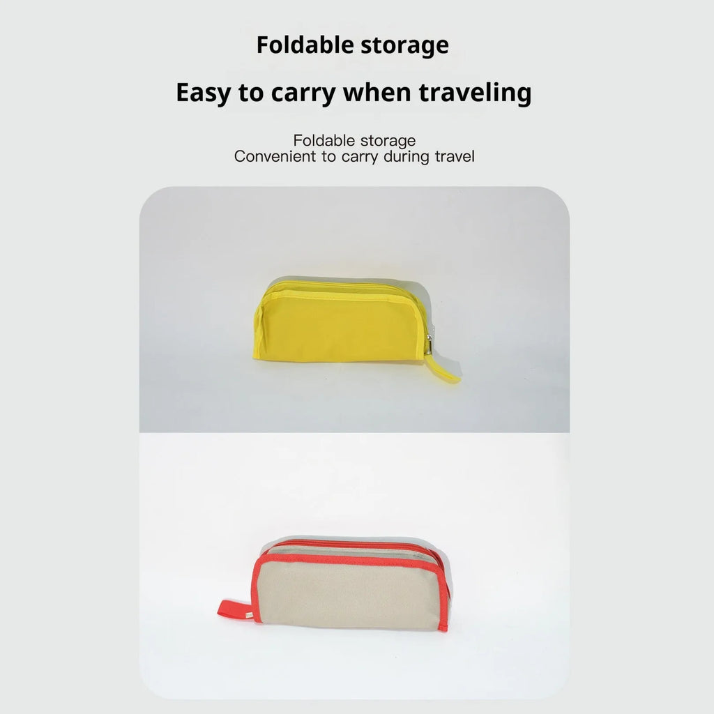 Lightweight foldable camp stool in khaki with an attached crossbody bag, shown in a compact, portable form.