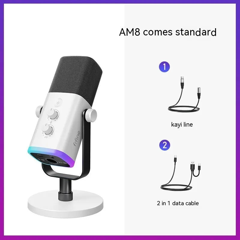 Dynamic noise reduction microphone in black, pink, or white with XLR cable and desk base.