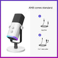 Dynamic noise reduction microphone in black, pink, or white with XLR cable and desk base.