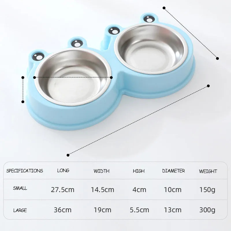 Blue stainless steel double pet bowl for cats and dogs with non-slip rubber base.