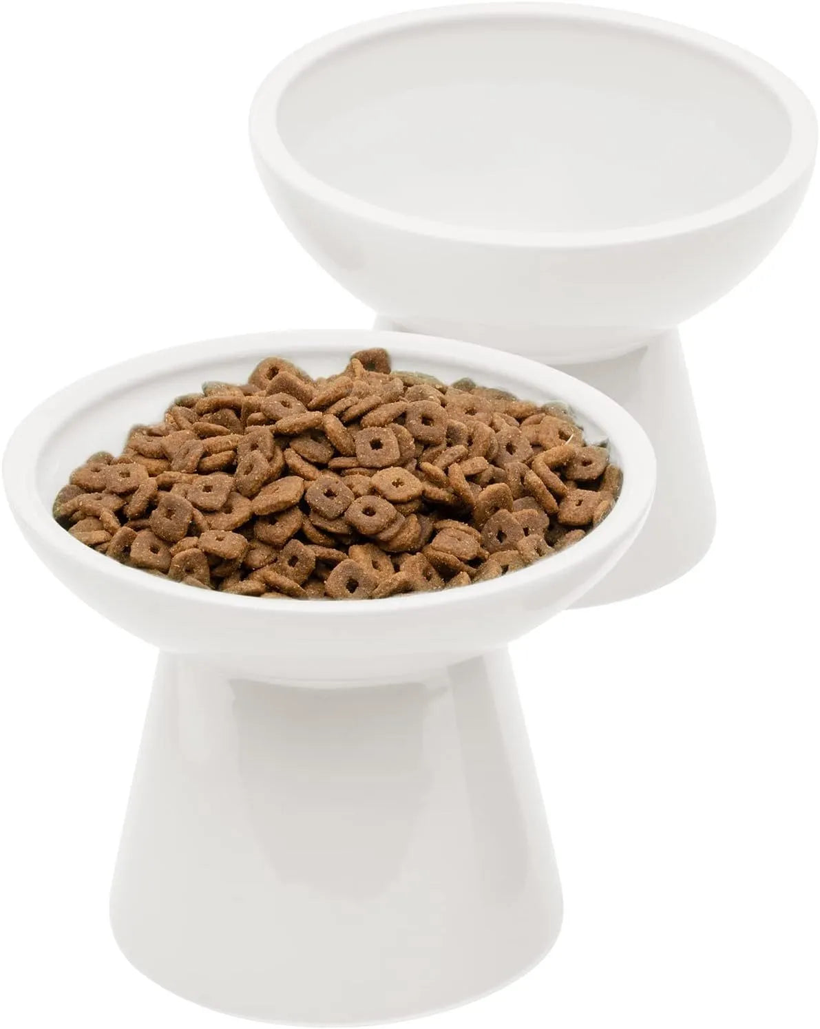 Extra wide ceramic elevated cat food bowl set in blue colour with shallow design