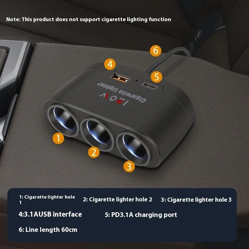 Multi-function car cigarette lighter adapter with USB Type-C PD fast charging ports for 12V24V vehicles