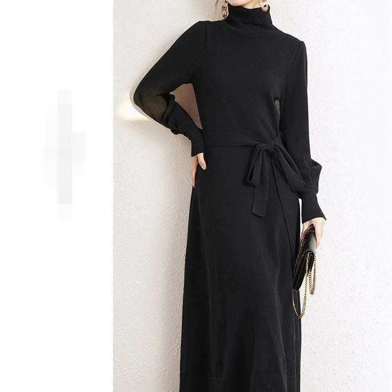 Ladies solid colour knit midi dress with turtleneck and elastic waist in rose red.