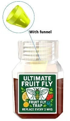 Clear plastic bottle of fruit fly trapper bait liquid for reusable pest control traps