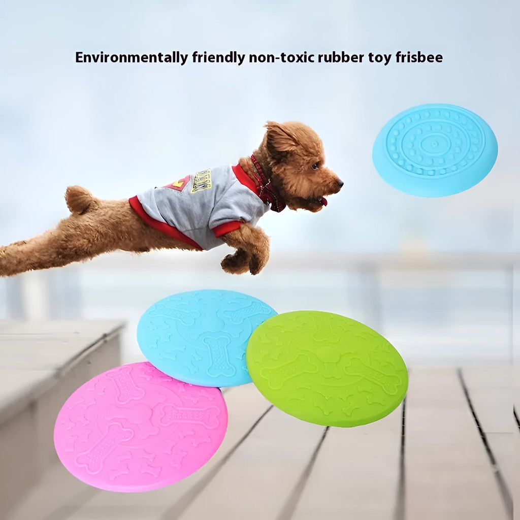 Plastic rubber dog Frisbee pet toy in assorted colours for outdoor fetch games.