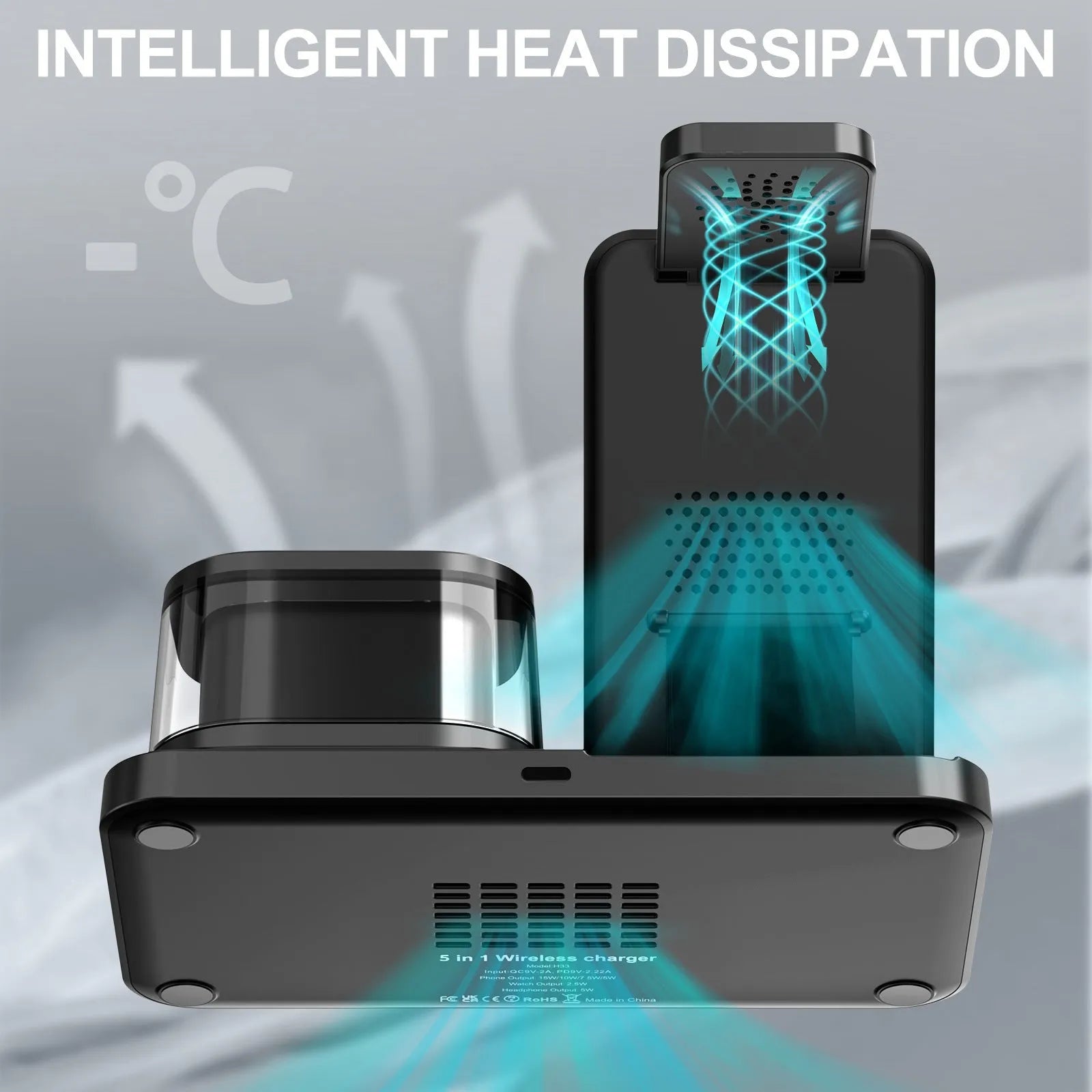 Black wireless charging stand three-in-one folding bracket with smartphone placed on angled charging pad