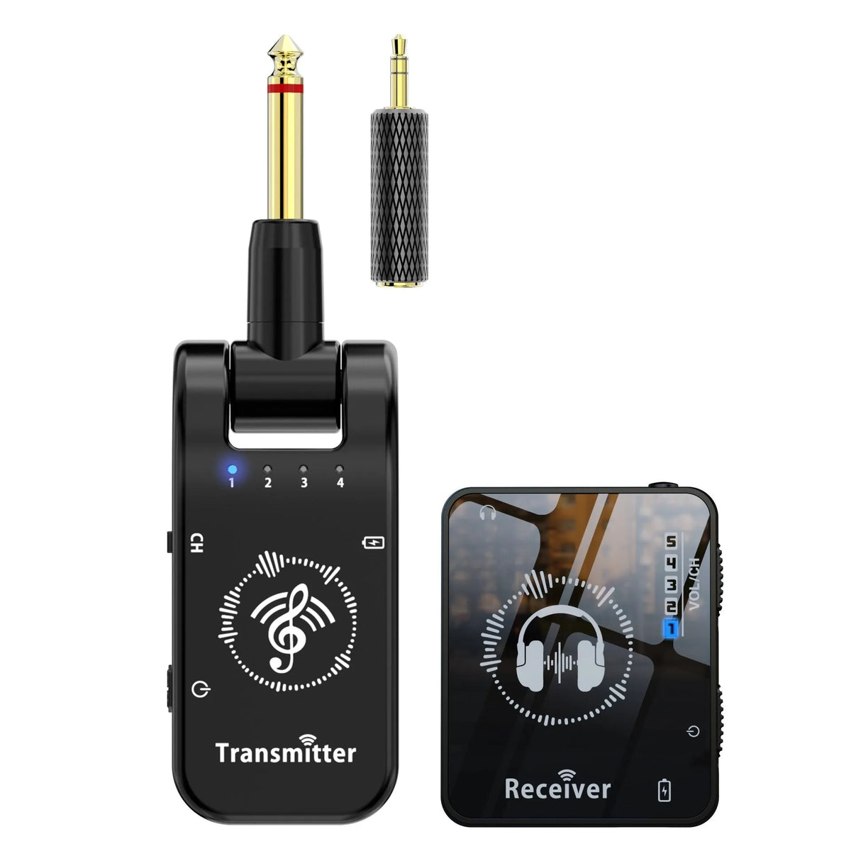 Black ABS earphone monitor transceiver system with transmitter, receiver, Type-C data cable and 3.5mm audio cable