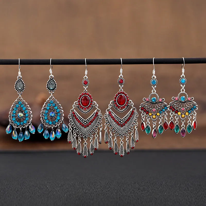 Purple retro fringe drop earrings with ethnic style design and long crystal detailing