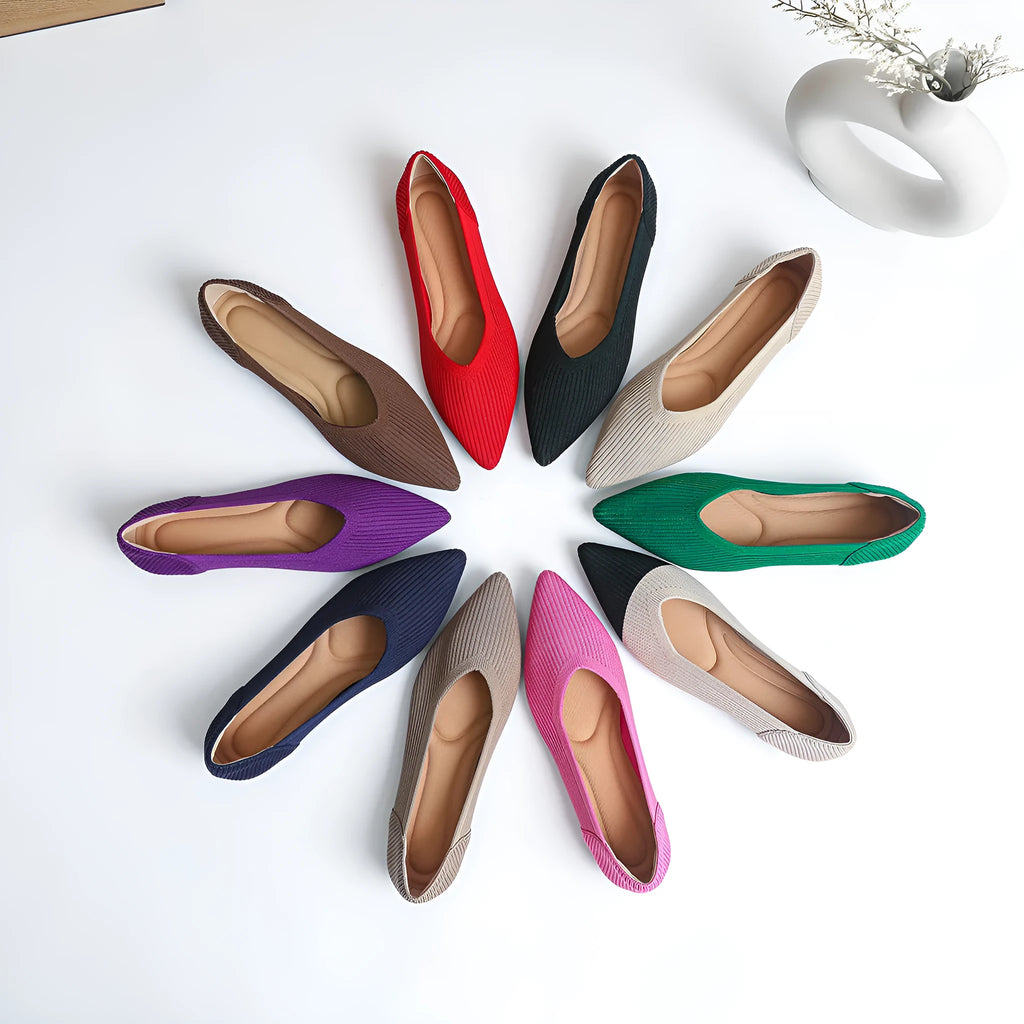 Women's apricot knit pointed toe flat ballet pumps with a rubber sole, shown from the side.