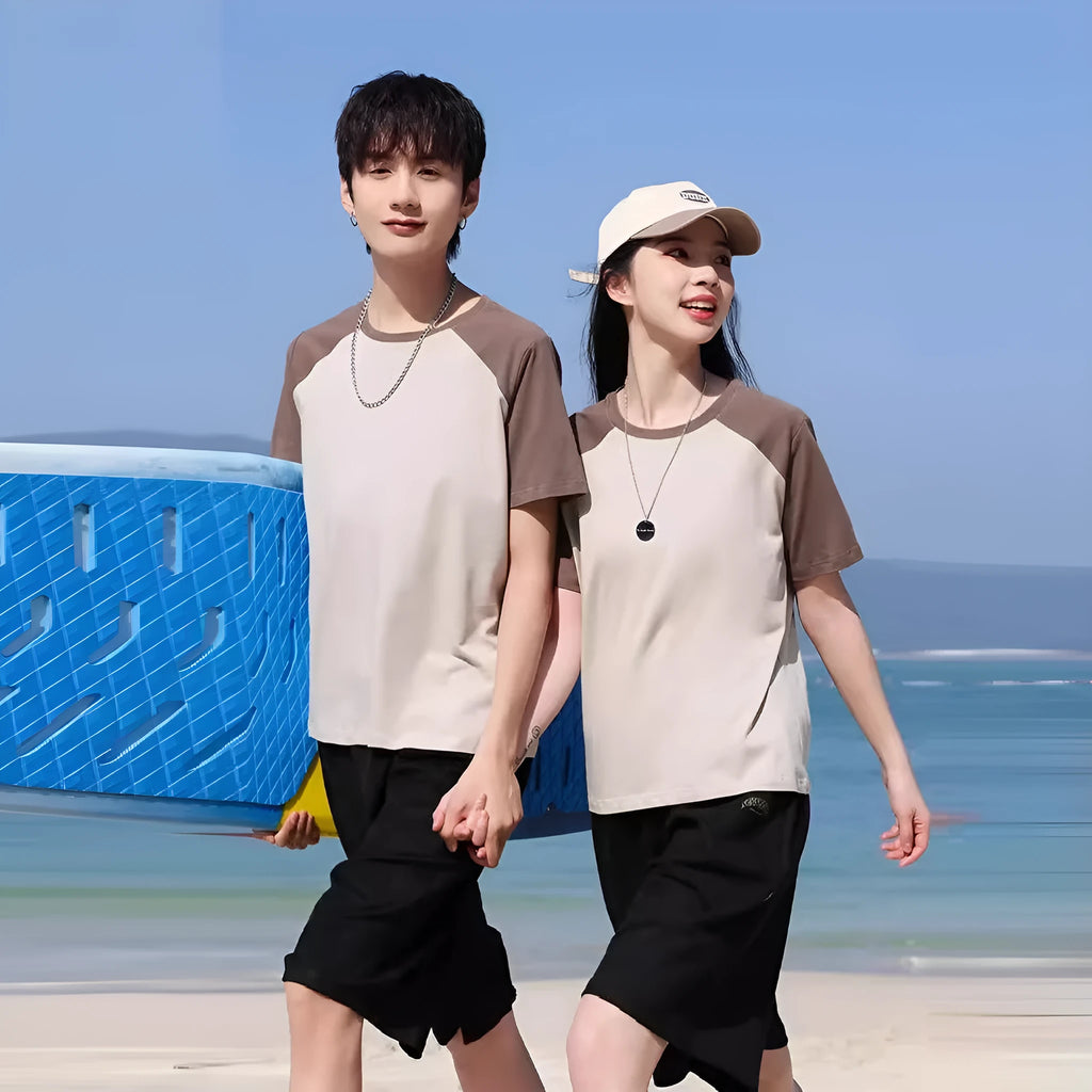 Loose fit round neck cotton blend t-shirt in A050 apricot army green, laid flat.