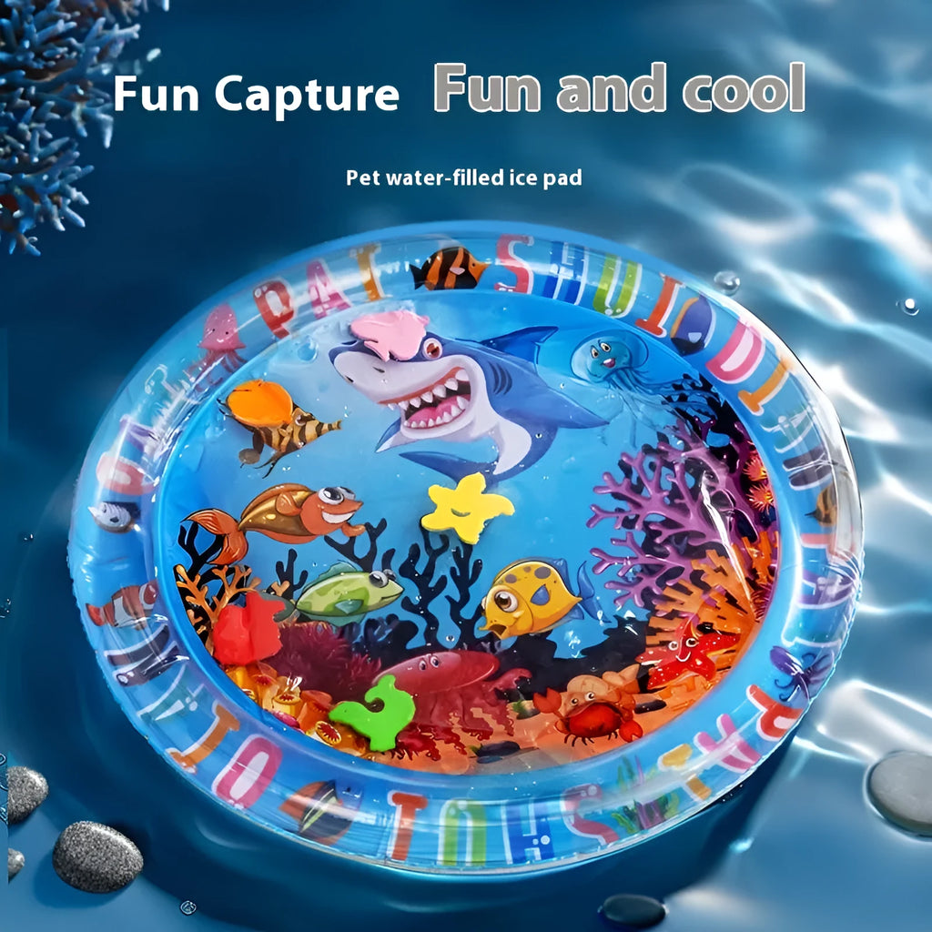 PVC inflatable water cooling mattress for pets in 100cm and 65cm sizes with aquatic graphics