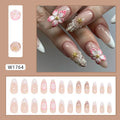 French style plastic fake nails with simple flower pattern and rock patch decoration, colour W1764.