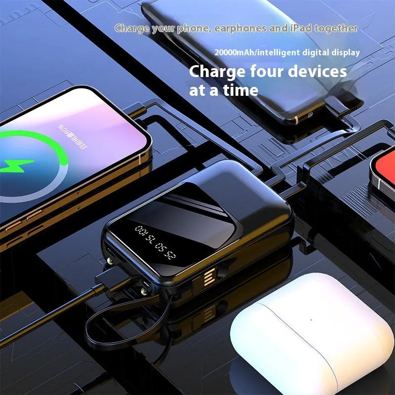 Small super fast charge power bank with cable in black plastic shell, compact size 100x66x27mm