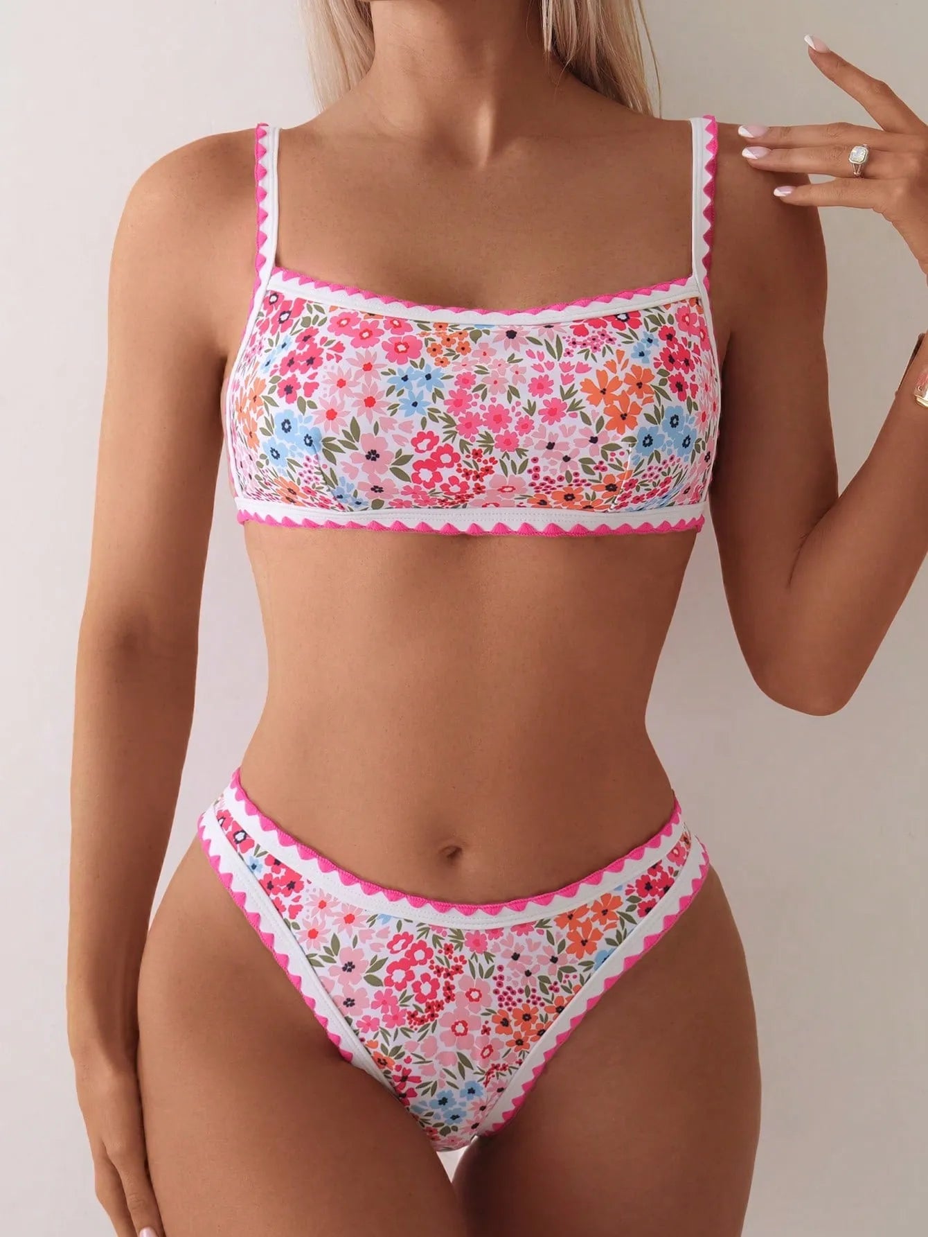 Women's printed lace-up split bikini swimming suit with bra and briefs