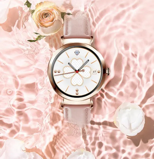 Zinc alloy smart bracelet with 1.28-inch screen on wrist, showing gold colour option.