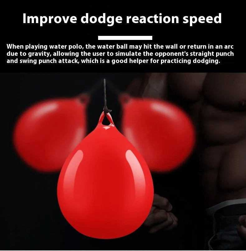 Red water-filled boxing reaction ball with hook rope attachment for martial arts training