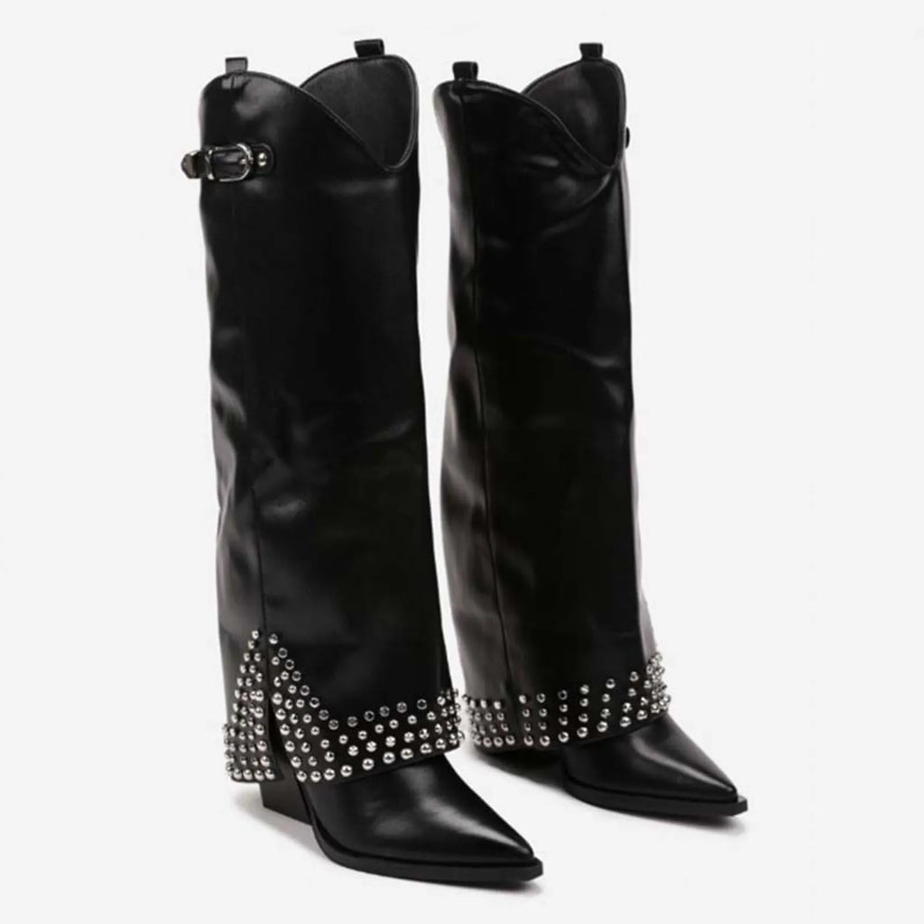 Women's black pantyhose boots with microfiber suede upper and rubber sole shown as oversleeves