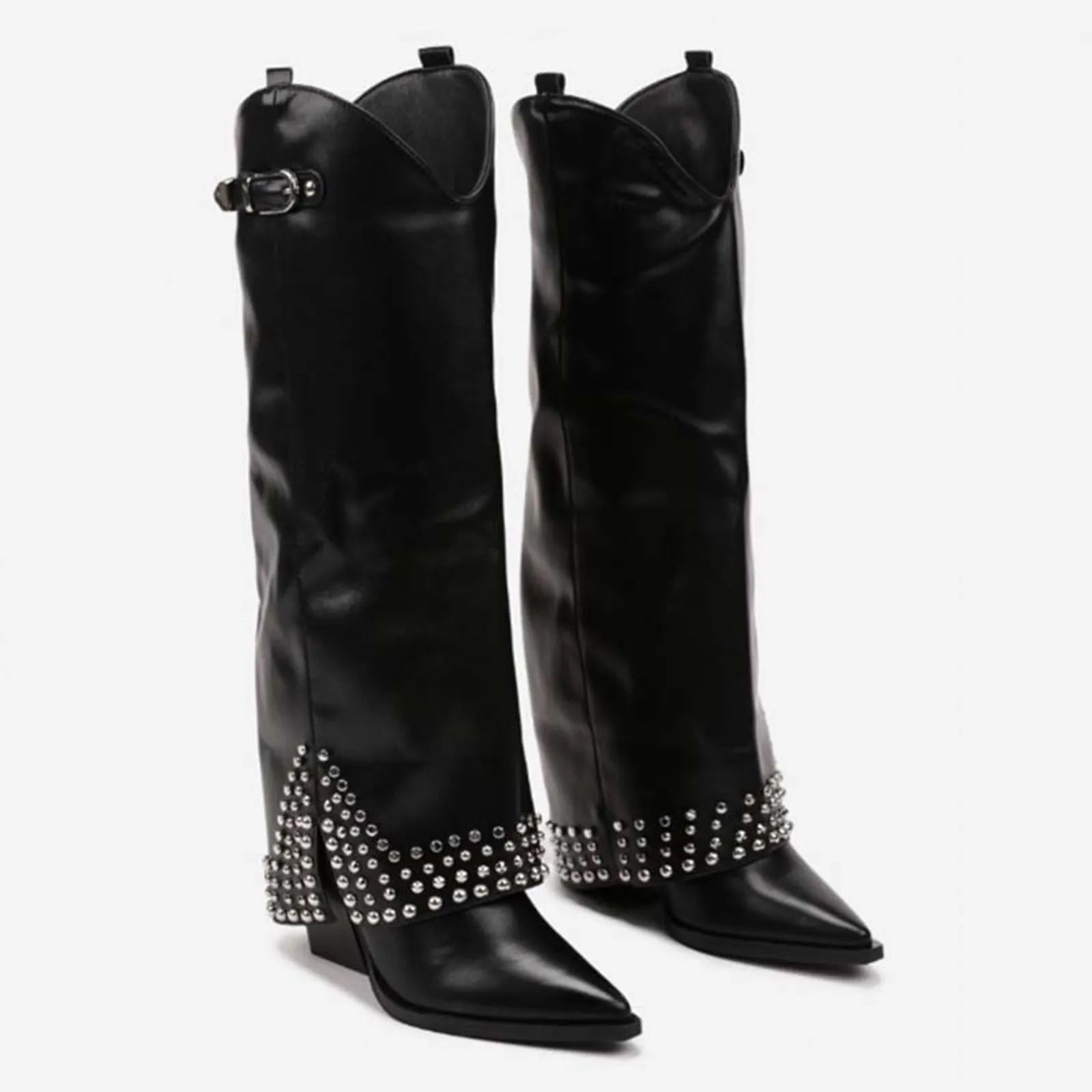 Women's black pantyhose boots with microfiber suede upper and rubber sole shown as oversleeves