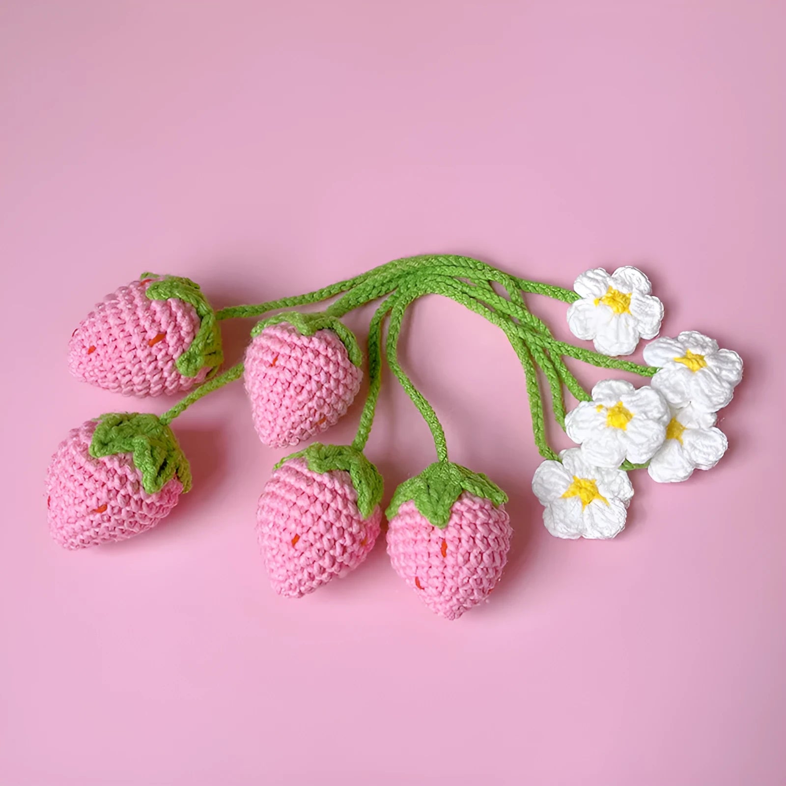 Hand-crocheted wool strawberry pendant necklace on 35cm chain in red colour