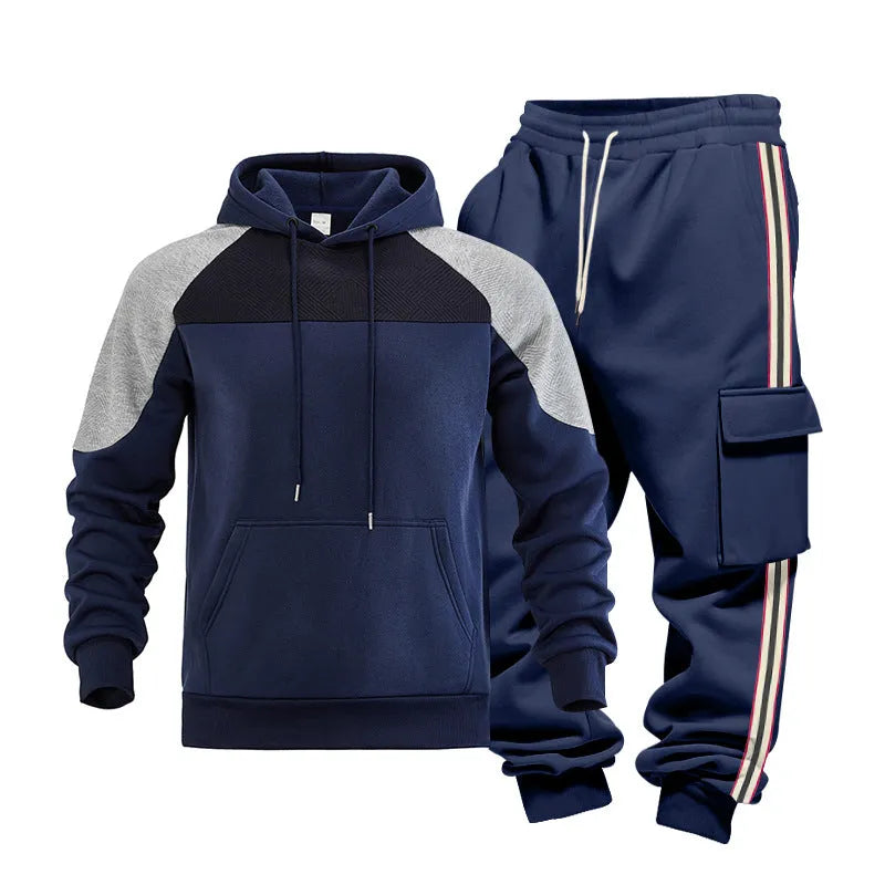 Loose colour-block textured hoodie and sweatpants casual set in black with hood and long sleeves