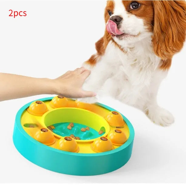 Green plastic interactive dog puzzle toy slow feeder bowl with non-slip base and food turntable.