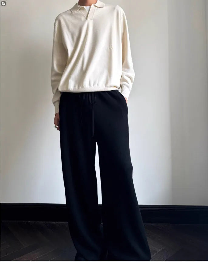 Milky White pure wool polo sweater with a lapel collar, shown in a loose fit.