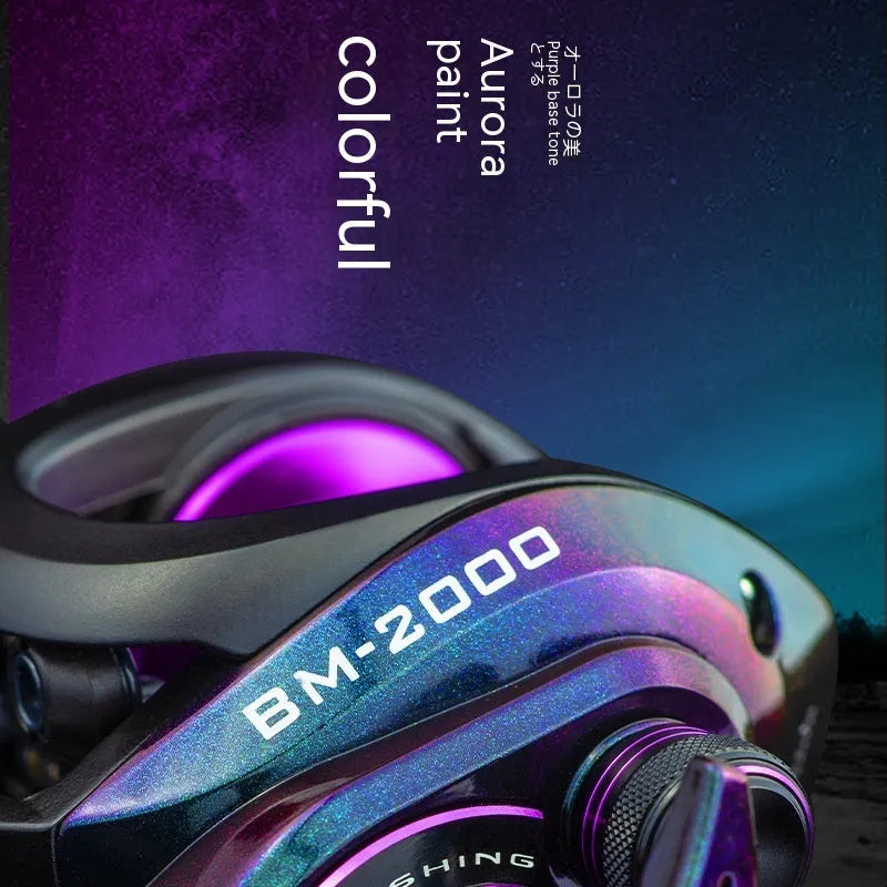 Colourful water drop design BM2000 fishing reel with magnetic brake system, shown with spool.