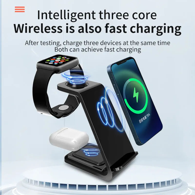 White 3-in-1 upright wireless charging stand holding a mobile phone, with a Type-C cable.