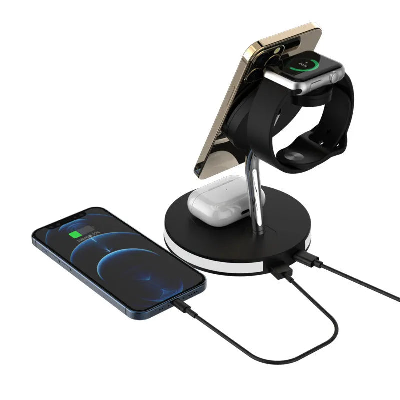 F17 four-in-one wireless charger in black with magnetic lock and indicator light