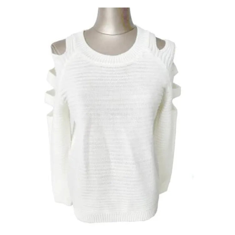Women's grey crocheted hollow-out long-sleeve pullover shirt laid flat.